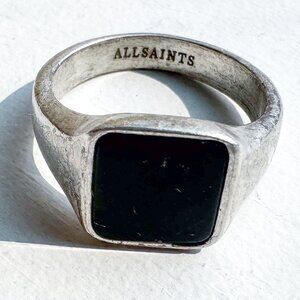 AllSaints Hexagon Signet Ring - Onyx Stone - Size Large